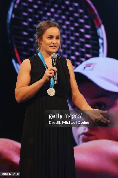 John Newcombe medallist Ashleigh Barty on stage at the 2017 Newcombe Medal at Crown Palladium on November 27, 2017 in Melbourne, Australia.