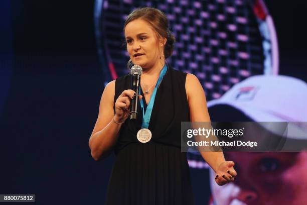 John Newcombe medallist Ashleigh Barty on stage at the 2017 Newcombe Medal at Crown Palladium on November 27, 2017 in Melbourne, Australia.