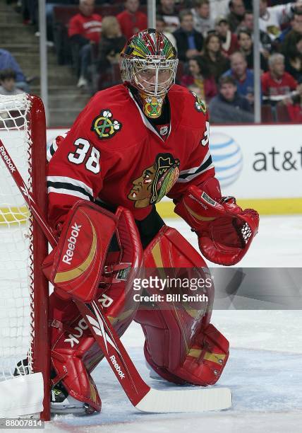 Goalie Cristobal Huet of the Chicago Blackhawks guards the net during Game Three of the Western Conference Finals of the of the 2009 Stanley Cup...