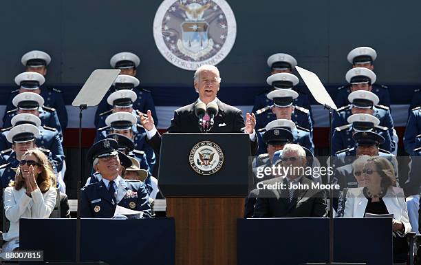 Vice President Joe Biden addresses graduates from the U.S. Air Force Academy at their graduation ceremony at Falcon Stadium on May 27, 2009 in...