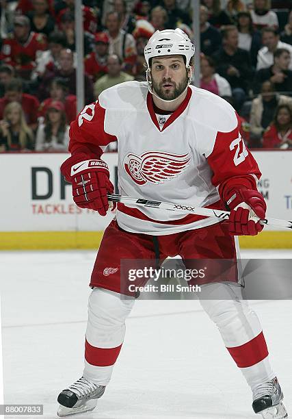 Brett Lebda of the Detroit Red Wings waits in position for the puck during Game Three of the Western Conference Finals of the 2009 Stanley Cup...