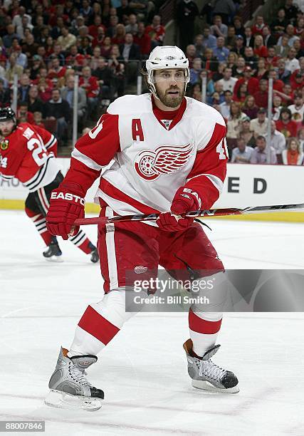 Henrik Zetterberg of the Detroit Red Wings waits in position for the puck during Game Three of the Western Conference Finals of the 2009 Stanley Cup...