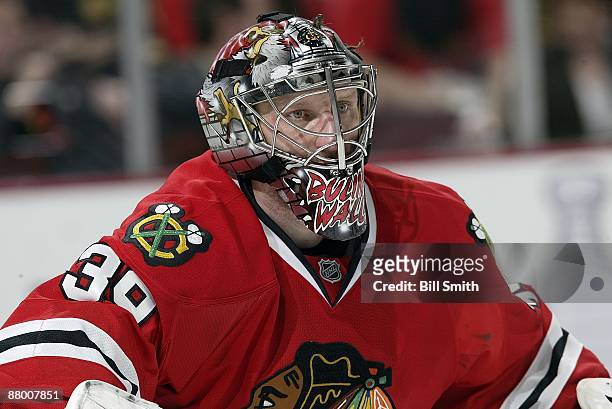 Goalie Nikolai Khabibulin of the Chicago Blackhawks watches for the puck during Game Three of the Western Conference Finals of the 2009 Stanley Cup...
