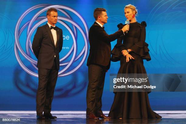Former tennis players Lleyton Hewitt Todd Woodbridge and Alicia Molik speak on stage at the 2017 Newcombe Medal at Crown Palladium on November 27,...
