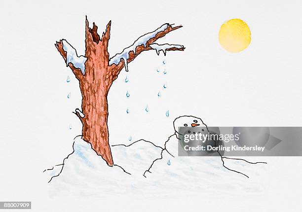 snowman and snow melting from tree - melting snowman stock illustrations