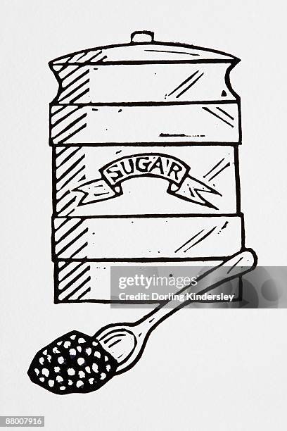 black and white illustration of sugar in jar and spoon - sugar jar illustration stock illustrations