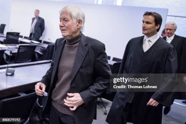 Anton Schlecker , founder of the now bankrupt German drugstore chain Schlecker, arrives for the last day of his trial and a verdict by the court on...