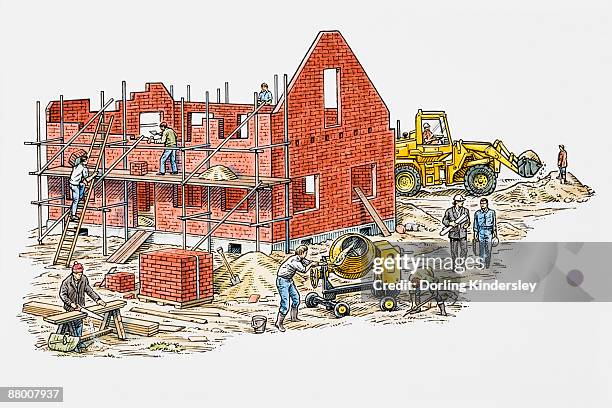 workers on building site - construction in progress stock illustrations