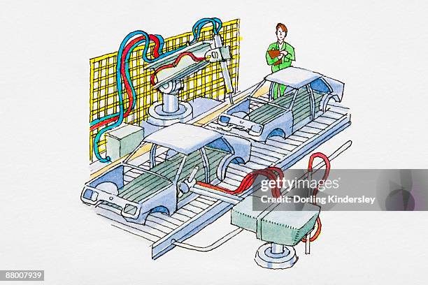 man supervising car production on assembly line - car plant stock illustrations