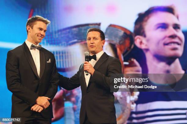 John Peers with host Rove McManus at the 2017 Newcombe Medal at Crown Palladium on November 27, 2017 in Melbourne, Australia.