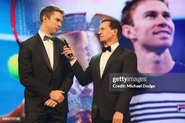 John Peers with host Rove McManus at the 2017 Newcombe Medal at Crown Palladium on November 27, 2017 in Melbourne, Australia.