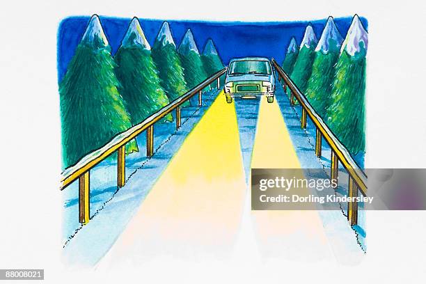 car with bright headlights on driving along snow-covered road lined with trees - headlights at night stock illustrations