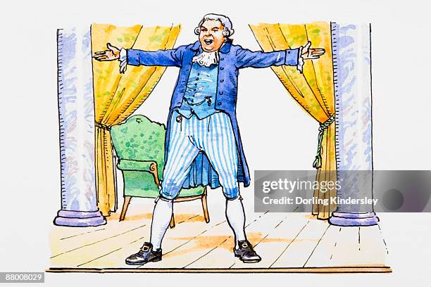 opera singer on stage in 18th century style costume - opera singer stock illustrations