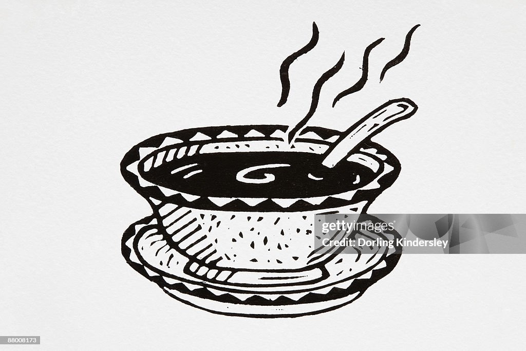 Black and white illustration of bowl of hot soup with spoon