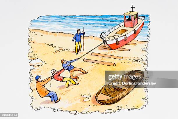 fisherman pulling trawler onto beach - trawler stock illustrations