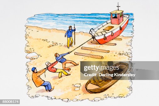 Fisherman pulling trawler onto beach Fisherman pulling trawler onto beach