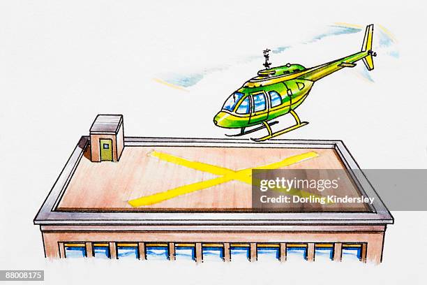 helicopter landing on helipad on top of building - helipad stock illustrations