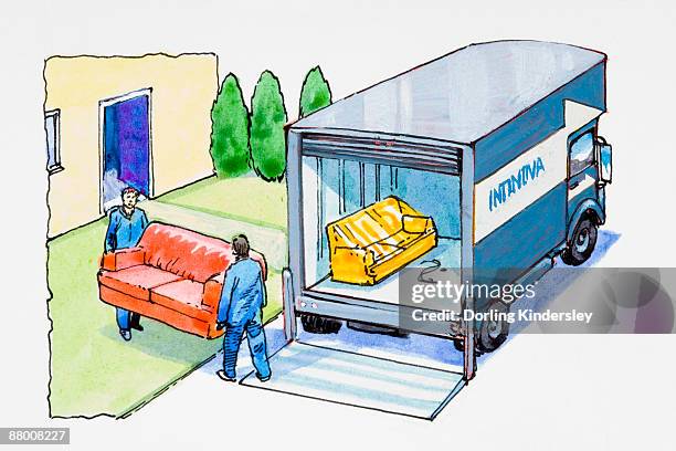 two men carrying sofa towards removal van - movers stock illustrations