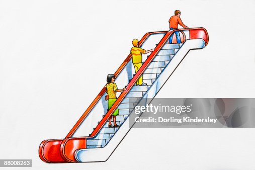 Three people going up an escalator Three people going up an escalator