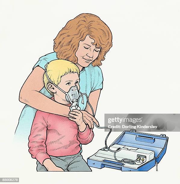 woman applying nebulizer mask around boy's head - oxygen mask stock illustrations