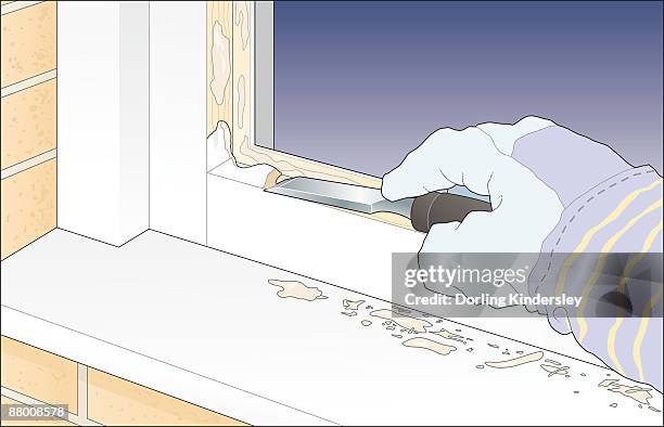 digital illustration using chisel to remove old putty from window frame - window putty stock illustrations