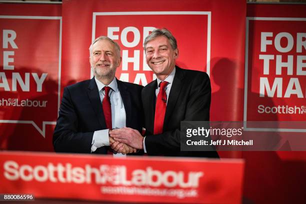 Scottish Labour Party leader Richard Leonard and Labour Party leader Jeremy Corbyn address party activists at the Lighthouse on November 27, 2017 in...
