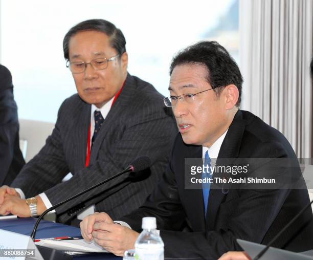 Liberal Democratic Party Policy Research Council Chair and former foreign minister Fumio Kishida addresses during a nuclear disarmament conference on...