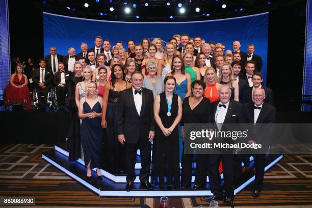 John Newcombe medallist Ashleigh Barty pose with other tennis players and officials at the 2017 Newcombe Medal at Crown Palladium on November 27,...