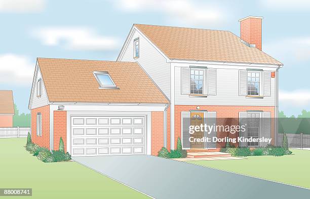 digital illustration showing suburban house with secure doors and windows, and garage extension - security settings stock illustrations
