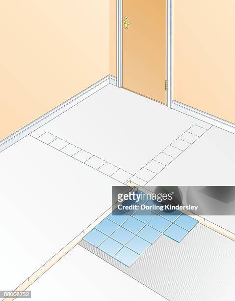digital illustration showing planning of tiled floor with battens, central line, and laid tiles  - vatten stock-grafiken, -clipart, -cartoons und -symbole