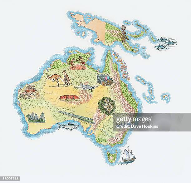illustration of australia, tasmania, solomon islands, and papua new guinea, showing fauna, flora and international landmarks - ayers rock people stock illustrations
