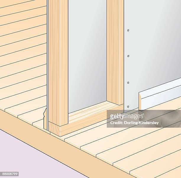 digital illustration of gap between plasterboard and floor hidden with skirting board - baseboard stock illustrations