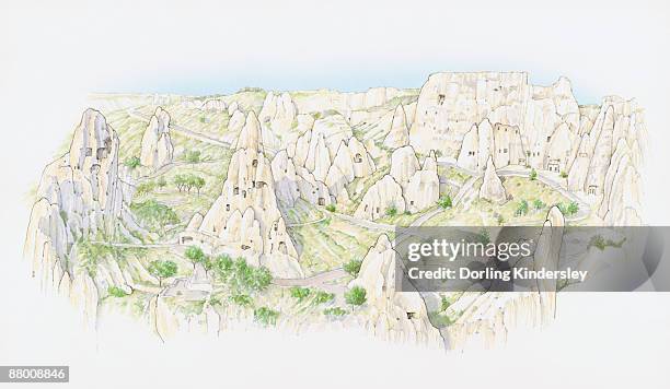 illustration of fairy chimney rock formations in valley, goreme national park  - 内陸部の岩柱点のイラスト素材／クリップアート素材／マンガ素材／アイコン素材