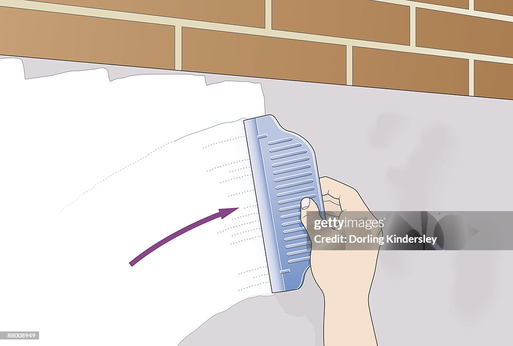 Digital illustration showing how to apply skimming plaster to wall using rubber squeegee