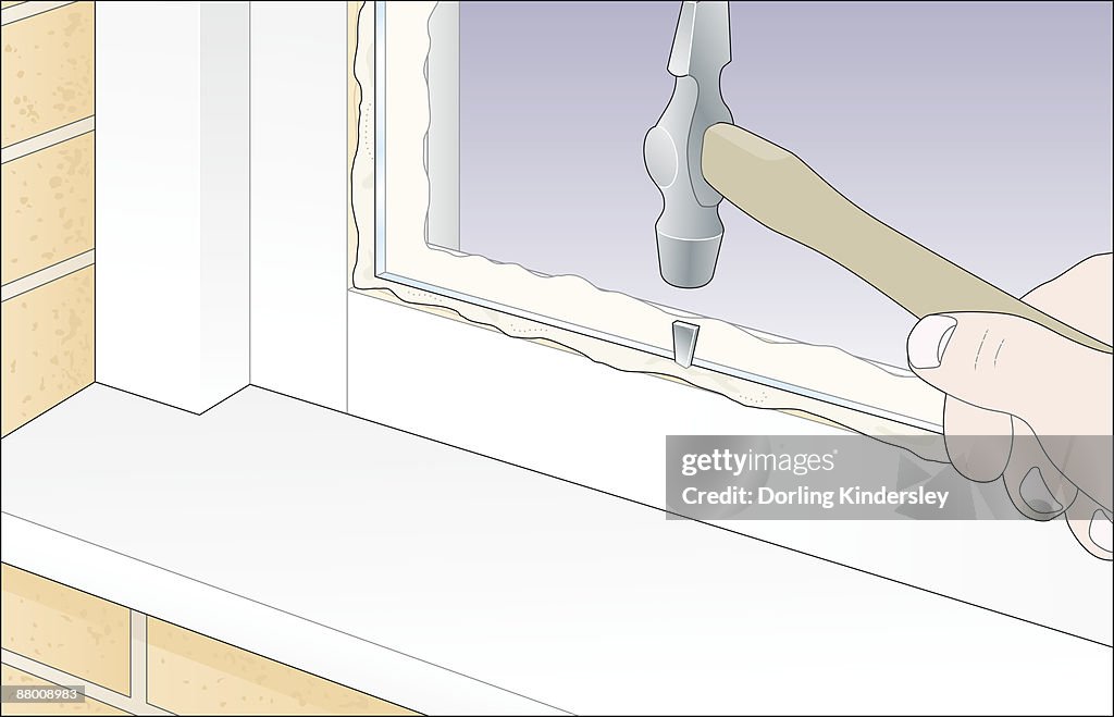 Digital Illustration of using hammer to tap glazing sprig in to putty surrounding new glass in window
