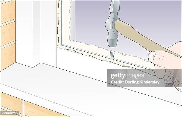 digital illustration of using hammer to tap glazing sprig in to putty surrounding new glass in window - glass putty stock illustrations