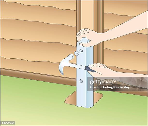 illustration of using claw hammer to mark fixing holes in fence spur and wood post - claw mark stock illustrations