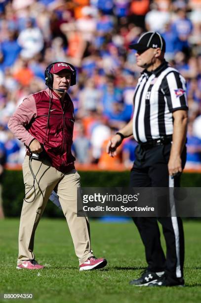 Florida State Seminoles head coach Jimbo Fisher questions a call during the game between the Florida State Seminoles and the Florida Gators on...