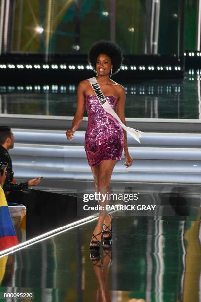 Davina Bennett, Miss Jamaica, competes in the Miss Universe pageant on November 26, 2017 in Las Vegas. Beauties from across the globe converged in...