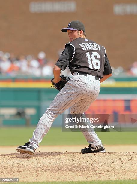 Huston Street of the Colorado Rockies pitches against the Detroit Tigers during the game at Comerica Park on May 24, 2009 in Detroit, Michigan. The...