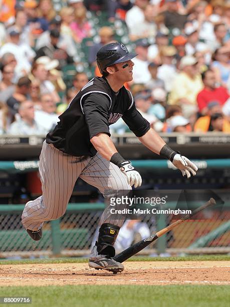 Matt Murton of the Colorado Rockies bats against the Detroit Tigers during the game at Comerica Park on May 24, 2009 in Detroit, Michigan. The...