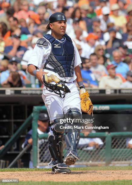 Gerald Laird of the Detroit Tigers looks on against the Colorado Rockies during the game at Comerica Park on May 24, 2009 in Detroit, Michigan. The...