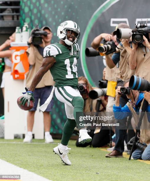 Jeremy Kerley of the New York Jets celebrates in an NFL football game against the New England Patriots on October 15, 2017 at MetLife Stadium in East...