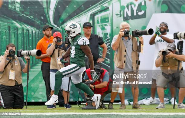 Jeremy Kerley of the New York Jets celebrates in the end zone in an NFL football game against the New England Patriots on October 15, 2017 at MetLife...