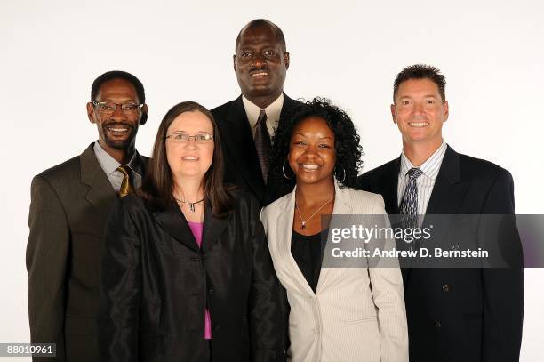 Assistant coaches Michael McIntyre, Marianne Stanley, head coach Michael Cooper and assistant coaches Courtney Watson and Bruce Deziel of the Los...