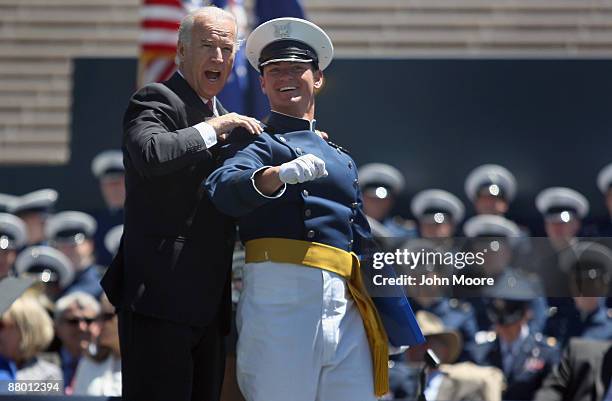 Vice President Joe Biden looks towards a graduate's parents during the U.S. Air Force Academy graduation ceremony at Falcon Stadium on May 27, 2009...