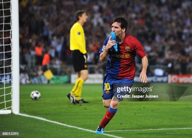 Lionel Messi of Barcelona celebrates scoring the second goal for Barcelona during the UEFA Champions League Final match between Barcelona and...