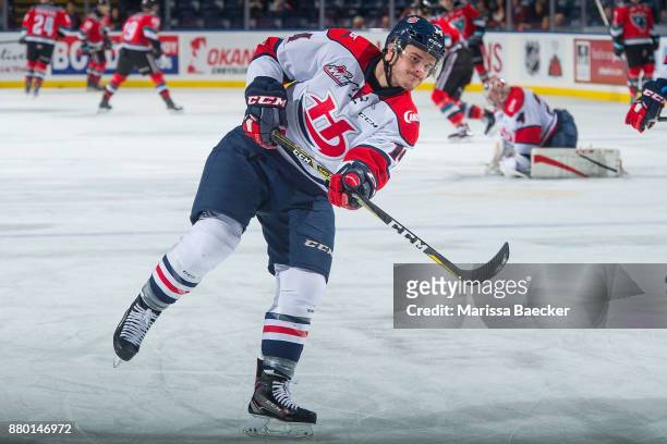 Shawn Harke of the Lethbridge Hurricanes warms up against the Kelowna Rockets at Prospera Place on November 17, 2017 in Kelowna, Canada.
