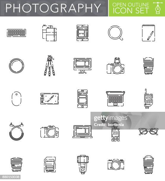photography open outline icon set in flat design style - light meter stock illustrations