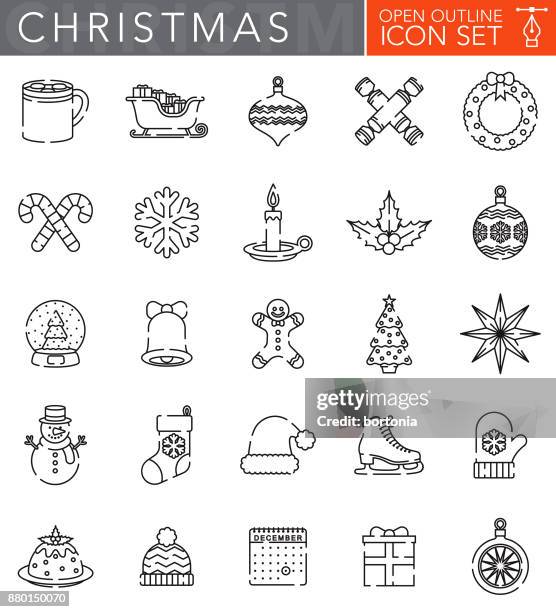 ilustraciones, imágenes clip art, dibujos animados e iconos de stock de navidad contorno abierto icon set en estilo de diseño plano - galletas de navidad